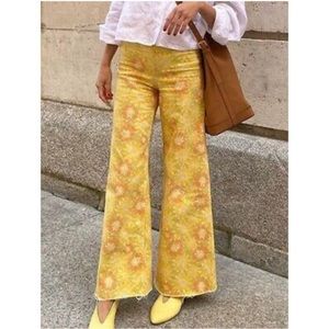 Nwt Zara Marine Straight Sunflower Floral Print Jeans Wide leg Flare Pants 4